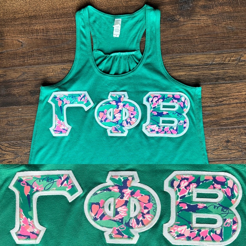 GAMMA PHI BETA racerback t-shirt green small green white floral letters sewn on